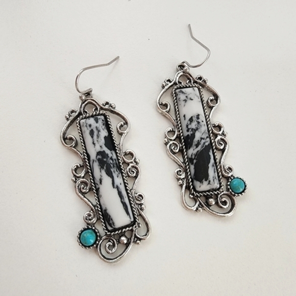 NEW Boho Howlite Turquoise Stone Rectangular Dangle Earrings White Black Marble - Picture 3 of 8